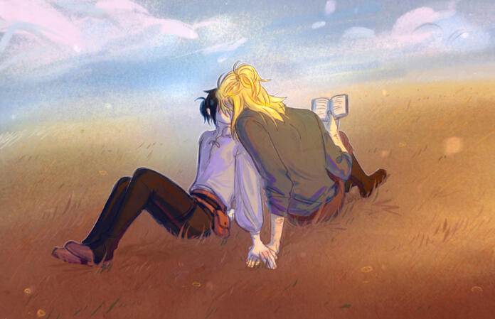 shaded, complex BG, 2 characters